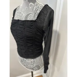 Jolie and Joy Women Sz:L Cropped Ruched Black Bodice Stretch Sheer Mesh Sleeves thumbnail 9