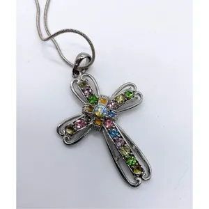 colorful rhinestone cross pendant necklace brushed antique silver thumbnail 4