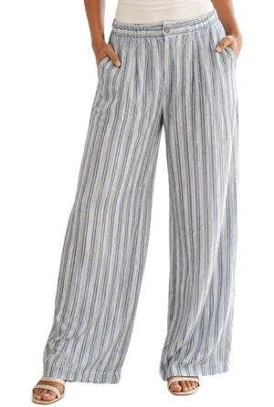 Coco Carmen Blue White Striped Wide Leg Pants L XL Coastal Linen Blend NWT thumbnail 1
