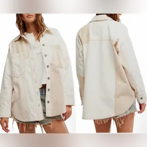 NEW FREE PEOPLE Ivory Mountain Roads Denim Button-Up ivory combo Shirt jacket L thumbnail 2
