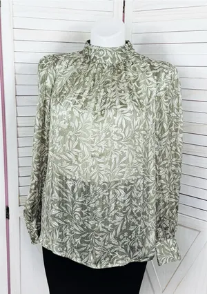H&M Floral Pleated Mock Neck Blouse Green Cream Large Sheer Satin Office Boho thumbnail 1