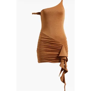 NWT AFRM Brown Asymmetric Ruched Bodycon Mini Dress Size M thumbnail 2