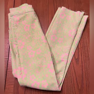 ZARA Green & Pink Floral Print Flare Cropped‎ Stretch Denim Jeans Y2k Size 4 thumbnail 12