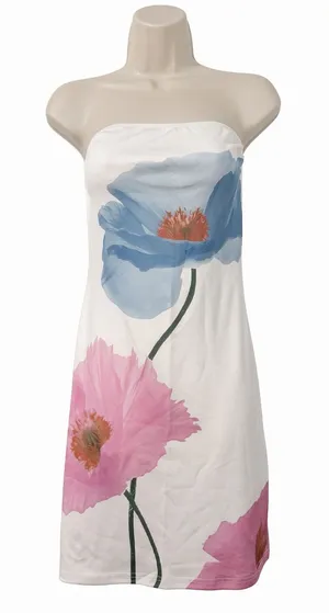 Strapless Mini Dress White Blue Pink Poppy Floral Stretch Size M No Tag thumbnail 1