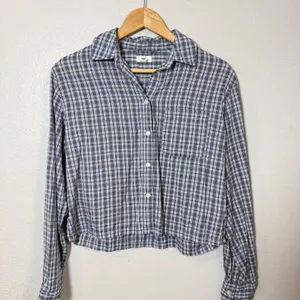 Aerie Plaid Cropped Button Up Shirt Womens XS Blue‎ Grey Long Sleeve Casual thumbnail 2