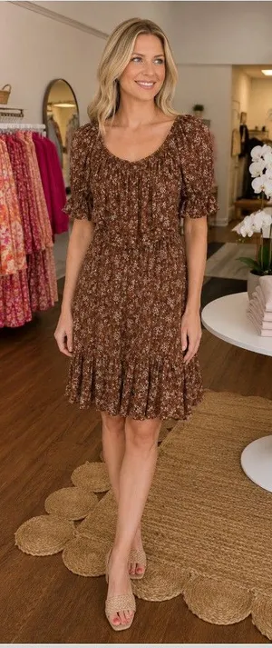 Bohme Dress Womens Small Brown Floral Puff Sleeve Ruffle Fit Flare Boho Sundress thumbnail 1