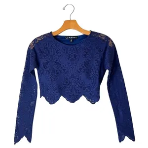 For Love & Lemons Shirt‎ Women XS Blue Long Sleeve Midnight Lace Crop Top Sexy thumbnail 3