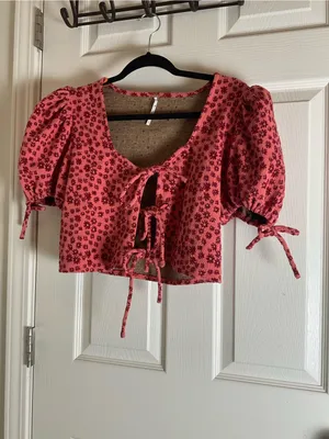 Free People Sweet Sun Top Puff Sleeve Tie-Front Cropped Top size Small thumbnail 4