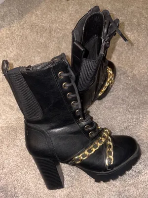 Forever Black Lace-Up Combat Boots with Gold Chain Accent size 7 thumbnail 1