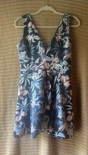 Forever 21 Navy Floral V-Neck Mini Dress with Pink and Light Blue Print thumbnail 1