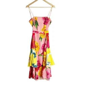 Farm Rio Chita Pink Floral Print Square Neck Tie Back Linen Midi Dress Size XS thumbnail 4