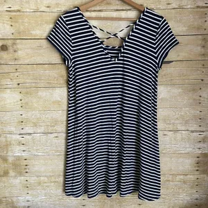 Socialite Women's Blue Striped Criss Cross Back Dress - Size Medium - 90's Style thumbnail 4