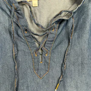 True Religion Large Denim Mini Shirt Dress Lace Up Blue Chambray Cotton Lyocell thumbnail 5