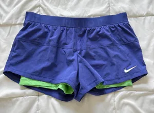 Nike Womens Dri-FIT 2-in-1 Running Shorts Purple Green Just Do It Large Active thumbnail 1