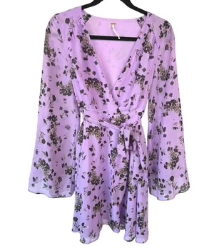 Free People Lilou Wisteria Boho Floral Bell Sleeve Floral Spring Mini Dress thumbnail 2