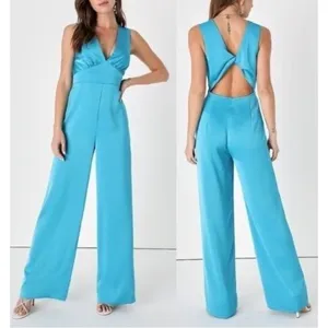 Lulu's Remarkable Style Blue Satin Twist-Back Cutout‎ Wide-Leg Jumpsuit thumbnail 2