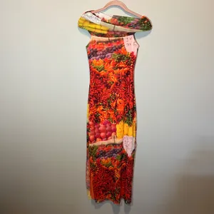 Zara Picante Pepper Mesh Fruit Vegetable Print Off Shoulder Maxi Dress Red Small thumbnail 2