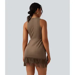 Halara Brown Faux Suede Bodycon Fringe Mini Dress Western Boho XL NWT thumbnail 2
