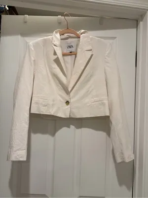 Zara linen Cropped Women's Blazer Jacket in Ivory thumbnail 5