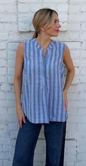 Sharagano blue striped sleeveless blouse sz 14 #western #boho #beach #mom thumbnail 1