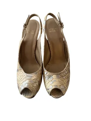 STUART WEITZMAN Beige Metallic Leather Slingback Heels Size 8 thumbnail 2
