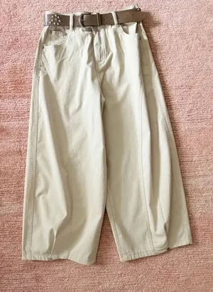 Original Design High Rise Culottes Wide Leg Cropped Pants Beige Women M thumbnail 1