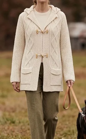 St Michael Vintage Cream Cable Knit Hooded Toggle Cardigan Sweater Cottagecore thumbnail 1