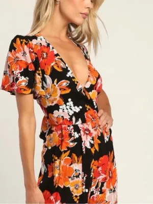 Lulu's Black Floral Wide-Leg Open-Back Jumpsuit size XS thumbnail 5