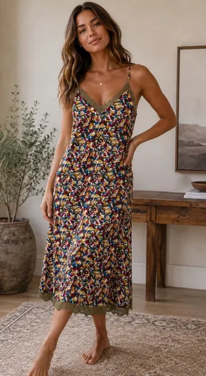 Vila‎ Spotti Ankle Dress Lace Trim Abstract Print Slip Midi EU 34 US XS thumbnail 1