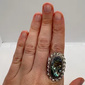 Vintage Mexican Sterling Silver Abalone Shell Statement Ring Oval Size 8‎ thumbnail 7