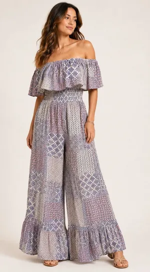 ILLA ILLA Patchwork Jumpsuit Womens L Blue Boho Off Shoulder Wide Leg Rayon thumbnail 1