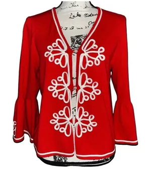 Oscar‎ de La Renta Vintage Red Knit Cardigan Bell Sleeve White Trim Embroidered thumbnail 1