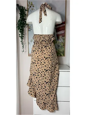 Shein Beige Black Cheetah Print Halter Ruffle Asymmetric Dress XL 12 Stretch thumbnail 7