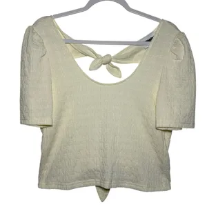 Cream Textured Puff Sleeve Tie Back Crop Top‎ Shirt thumbnail 1