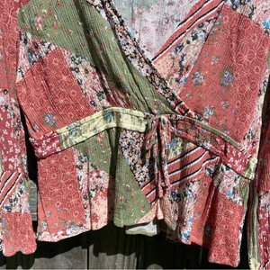 LUQ Boho Patchwork Faux Wrap Peasant Top Green Size XL thumbnail 6