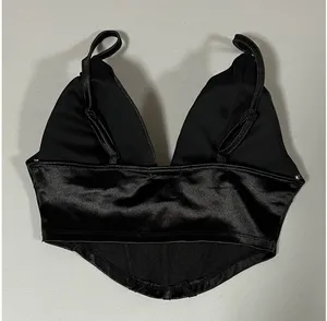 Black Satin Silk Padded Corset Tank Crop Top Shirt Blouse Size S 🖤 thumbnail 3