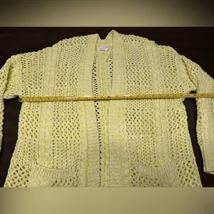 A by ANTHROPOLOGIE Cable Knit Yellow- White CARDIGAN, 73% Cotton, Size M/L thumbnail 7