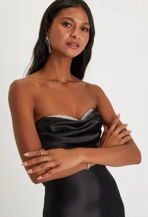 Lulus Exquisite Shine Black Satin Rhinestone Strapless Maxi Dress Gown Med NWT thumbnail 1