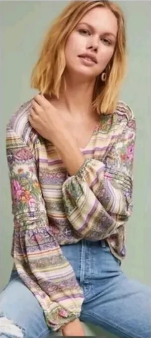 NWT Anthropologie Maeve Ceresco Peasant Boho Floral Blouse Top V-Neck Large 2413 thumbnail 1