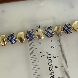 14K Gold Plated Womens Navy Blue Pave‎ Heart Link Adjustable Bracelet thumbnail 3