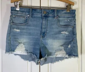 American Eagle Next Level Stretch Distressed Lace Denim Shorts Light Wash 10 thumbnail 1