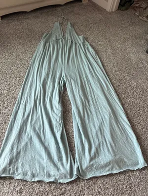 American Eagle Blue Cotton Halter Wide Leg Jumpsuit Ruffle V-Neck Romper Womens thumbnail 1