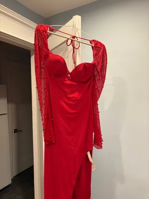 Oh Polly Red dress with slit and sleeves thumbnail 4