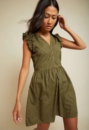 Nation LTD lichen check Tegan cotton ruffled shirt dress, S, cottage, prairie thumbnail 1