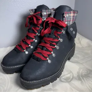 No Boundaries Black Lace-Up Boots with Red Laces and Plaid Cuff thumbnail 4