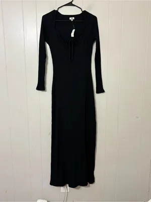 Aerie Ribbed Tie Front Maxi Dress Black Long Sleeve Knit Size S NWT thumbnail 2