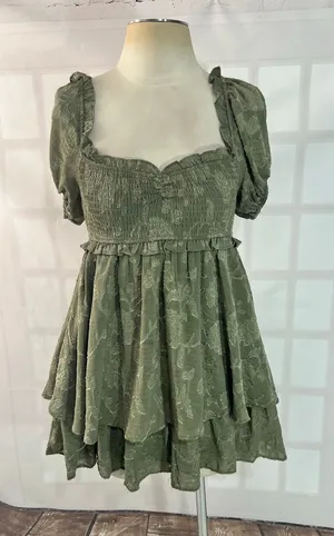 Altar’d State Olive Green Smocked Jacquard Puff Sleeve Layered Mini Dress Small thumbnail 1