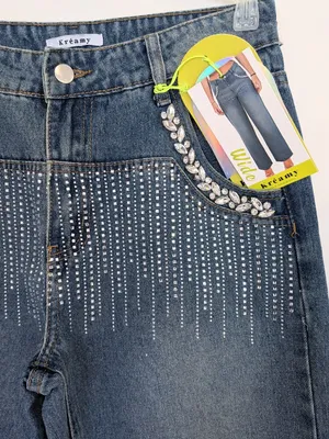 Rhinestone Embellished Wide Leg Jeans Dark Wash Bling Denim Size M thumbnail 8