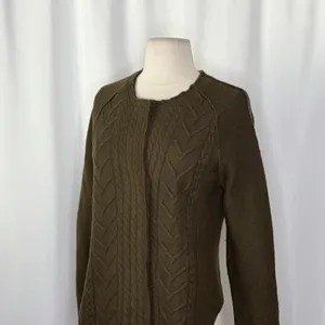 Anthropologie KNITTED & KNOTTED Green Wool Zippered Cable Knit Cardigan Medium‎ thumbnail 6