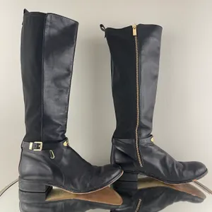 Michael Kors Black Leather Gold Hardware Buckle Arley Knee High Riding Boots thumbnail 4